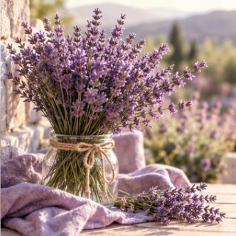 Ramo de lavanda fresca sobre lino lavanda en luz natural