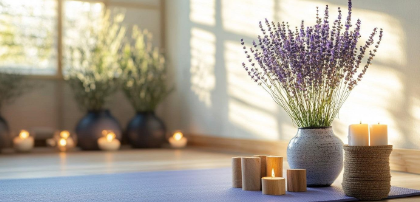 Espacio sereno de meditación y bienestar con flores de lavanda y velas cálidas